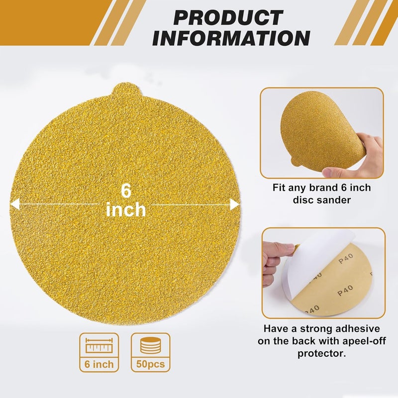 Shawya 50 PCS 6 Inch PSA Sanding Discs 40 Grit Self Adhesive Sticky-Back Sandpaper for DA Sander Finishing Abrasive Sand Paper Woodworking Wood Metal Sanding Disc - Image 4